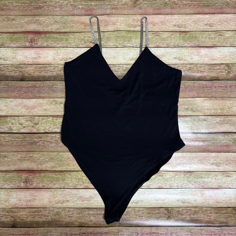 Just Polly New York Black V-Neck Bodysuit Rhinestone Chain Straps XL McBling